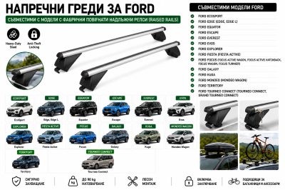 Aлуминиеви греди за багажник с ключалки за Ford EcoSport, Edge, Escape, Everest, Explorer, Focus, Galaxy, Kuga, Mondeo с плътни надлъжни релси (Flush Rails) 120 см, до 90 кг, Сребристи