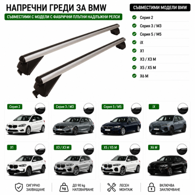 Aлуминиеви греди за багажник с ключалки за BMW Серия 2, Серия 3, Серия 5, iX1, iX3, iX5, X1, X3, X5 и X6 с плътни надлъжни релси (Flush Rails) 120 см, до 90 кг, Сребристи