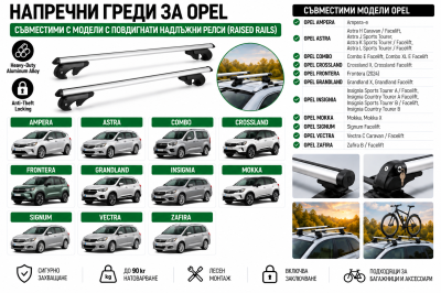 Aлуминиеви греди за багажник с ключалки за Opel Astra, Crossland, Grandland, Insignia, Mokka, Zafira с повдигнати надлъжни релси (Raised Rails) 120 см, до 90 кг, Сребристи