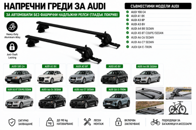 Aлуминиеви греди за багажник с ключалки за Audi Серия 100, 80,  A4,  A6, RS2, RS5 и Q6 с повдигнати надлъжни релси (Raised Rails) 120 см, до 90 кг, Сребристи