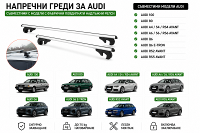 Aлуминиеви греди за багажник с ключалки за Audi Серия 100, 80,  A4,  A6, RS2, RS5 и Q6 с повдигнати надлъжни релси (Raised Rails) 120 см, до 90 кг, Сребристи
