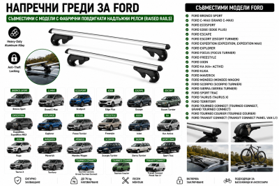 Aлуминиеви греди за багажник с ключалки за Ford Bronco Sport, EcoSport, Edge, Escape, Expedition, Explorer, Kuga, Mondeo, Tourneo с повдигнати надлъжни релси (Raised Rails) 120 см, до 90 кг, Сребристи