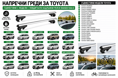 Aлуминиеви греди за багажник с ключалки за Toyota 4Runner, Corolla, Highlander, Land Cruiser, RAV4 и Sienna с повдигнати надлъжни релси (Raised Rails) 120 см, до 90 кг, Сребристи