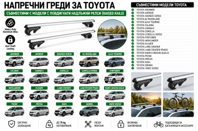 Aлуминиеви греди за багажник с ключалки за Toyota 4Runner, Corolla, Highlander, Land Cruiser, RAV4 и Sienna с повдигнати надлъжни релси (Raised Rails) 120 см, до 90 кг, Сребристи