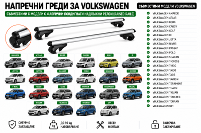 Aлуминиеви греди за багажник с ключалки за Volkswagen Amarok, Bora, Caddy, Golf, Jetta, Passat, Polo, Sharan, T-Roc, Tiguan, Touareg, Touran и Up! с повдигнати надлъжни релси (Raised Rails) 120 см, до 90 кг, Сребристи 