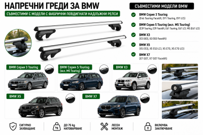 Aлуминиеви греди за багажник с ключалки за BMW Серия 3 Touring, Серия 5 Touring, M5 Touring, X3, X5 и X7 с повдигнати надлъжни релси (Raised Rails) 120 см, до 90 кг, Сребристи