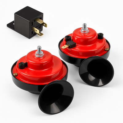 Комплект двутонна тромба клаксон тип „Охлюв“ 12V (2 PIN) с реле – за автомобили, джипове, ванове, автобуси и мотоциклети