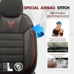 Комплект Луксозна Тапицерия текстил с еко кожа "TORO Design" – Черна с червен шев, за Предни и Задни Седалки