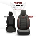 Комплект Луксозна Тапицерия текстил с еко кожа "TORO Design" – Черна с червен шев, за Предни и Задни Седалки