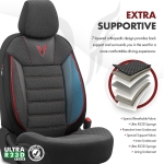 Комплект Луксозна Тапицерия текстил с еко кожа "TORO Design" – Черна с червен шев, за Предни и Задни Седалки