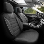 Комплект Луксозна Тапицерия OTOM текстил с еко кожа TORO Design – Черна със сив шев, за Предни и Задни Седалки