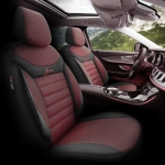 Комплект Луксозна Тапицерия OTOM текстил с еко кожа LINE Design – Черна с червен шев, за Предни и Задни Седалки