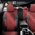 Комплект Луксозна Тапицерия OTOM текстил с еко кожа THRONE Design – Червено-Черна с черен шев, за Предни и Задни Седалки
