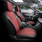 Комплект Луксозна Тапицерия OTOM текстил с еко кожа THRONE Design – Червено-Черна с черен шев, за Предни и Задни Седалки