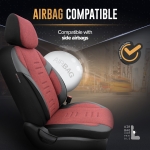 Комплект Луксозна Тапицерия OTOM текстил с еко кожа THRONE Design – Червено-Черна с черен шев, за Предни и Задни Седалки