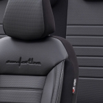 Комплект Луксозна Тапицерия OTOM текстил с еко кожа COMFORT LINE Design – Черна с черен шев, за Предни и Задни Седалки