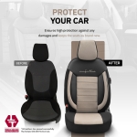 Комплект Луксозна Тапицерия OTOM текстил с еко кожа COMFORT LINE Design – Бежово-Черна с бежов шев, за Предни и Задни Седалки