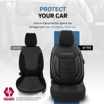 Комплект Луксозна Тапицерия OTOM текстил с еко кожа COMFORT LINE Design – Черна с бял шев, за Предни и Задни Седалки