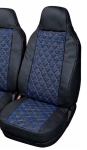 Комплект 2+1 Универсална тапицерия за предни седалки на бус от еко кожа със слят подглавник - черна със син шев