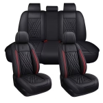 Комплект Луксозна универсална кожена тапицерия, Черно с червено за Предни и Задни седалки