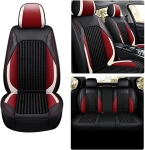 Комплект Луксозна универсална тапицерия кожа с текстил, Черна с червен и бял акцент,  За Предни и Задни седалки