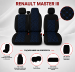 Комплект 2+1 Тапицерия за RENAULT MASTER III 2010-2019 – Текстил, Черна със син шев, 6 части