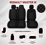Комплект 2+1 Тапицерия за RENAULT MASTER III 2010-2019 – Текстил, Черна с бял шев, 6 части