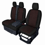 Комплект 2+1 Тапицерия за FORD TRANSIT CUSTOM 2009+ – Еко кожа, Черна с червен шев, 8 части