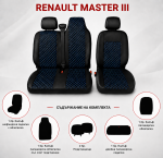 Комплект 2+1 Тапицерия за RENAULT MASTER III 2010-2019 – Еко кожа, Черна със син шев, 6 части