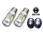 Комплект 2 автомобилни LED крушки BA15D, 21 SMD, 12-24V, 1W/4W, Бяла светлина, 2 степени, с лупа, Блистер